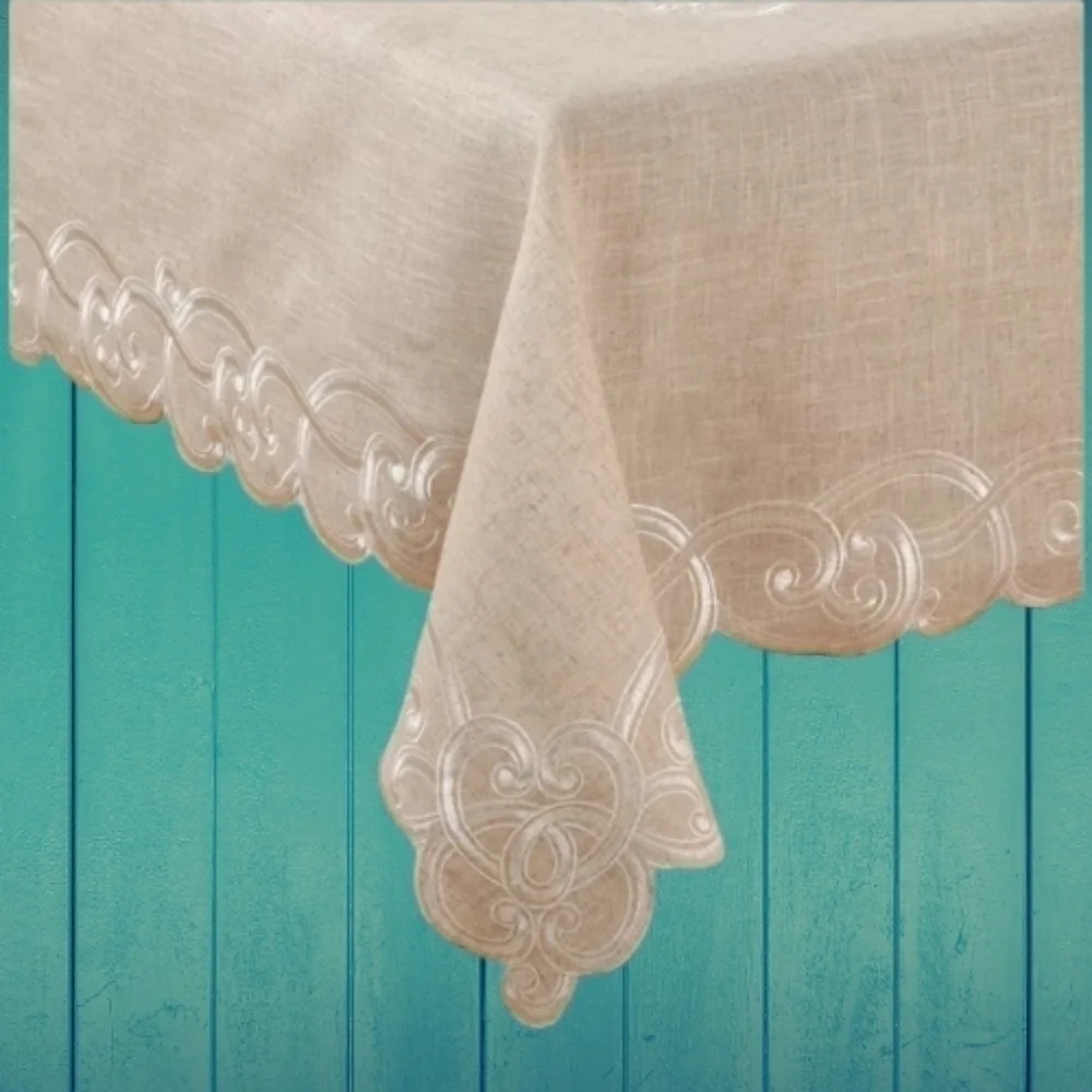 SARO Embroidered Scallop Design Natural Linen Blend Tablecloth Square 67